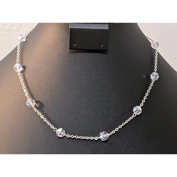 Swarovski Crystal Beaded Sterling Silver Chain Necklace Silver Tone Heart Clasp - Picture 1 of 7